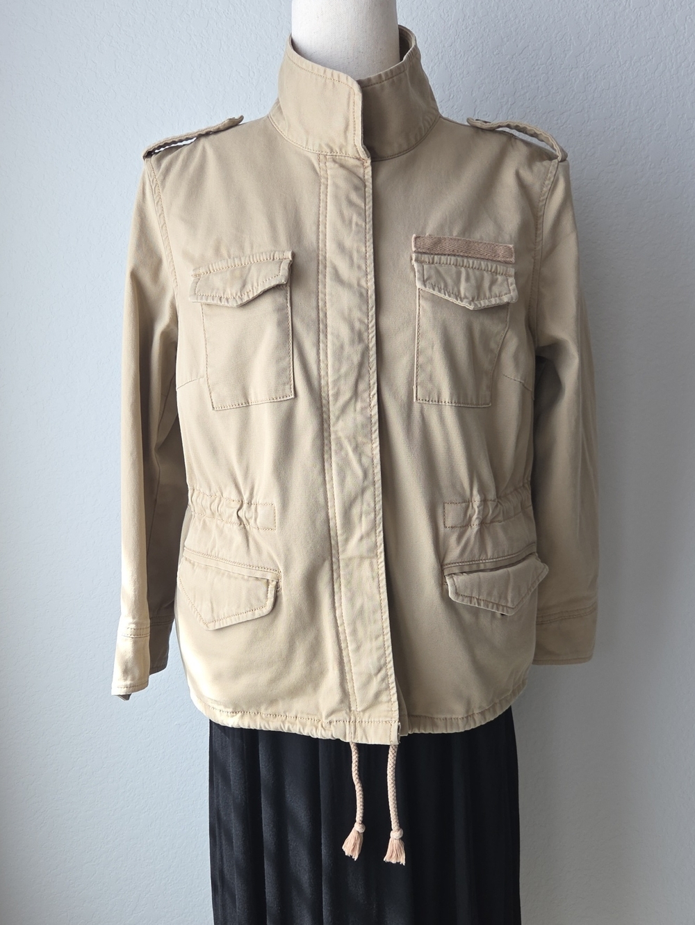 Izod Beige Military Trench Utility Work Jacket Cargo Womens Medium Cinch Waist